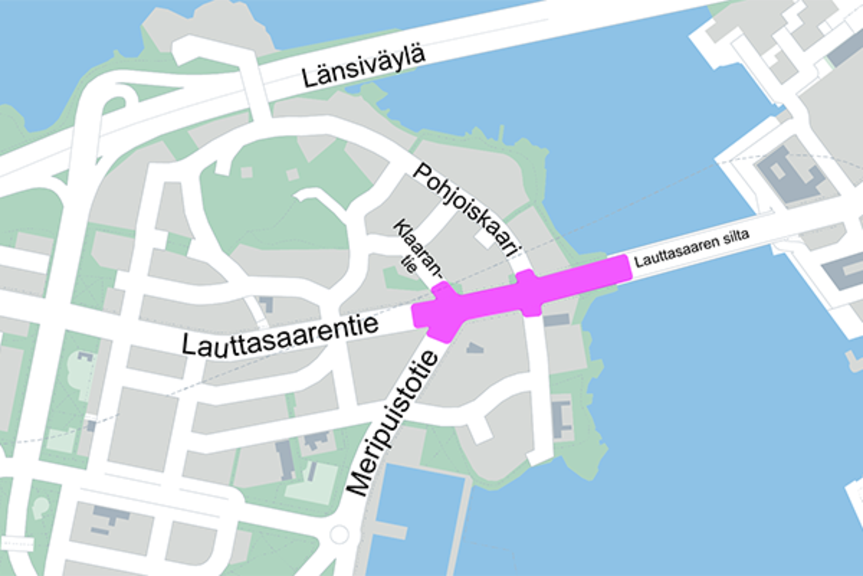 Karttakuva, johon on merkitty violetilla värillä urakka-alue Karttakuva, johon on merkitty violetilla värillä urakka-alue
