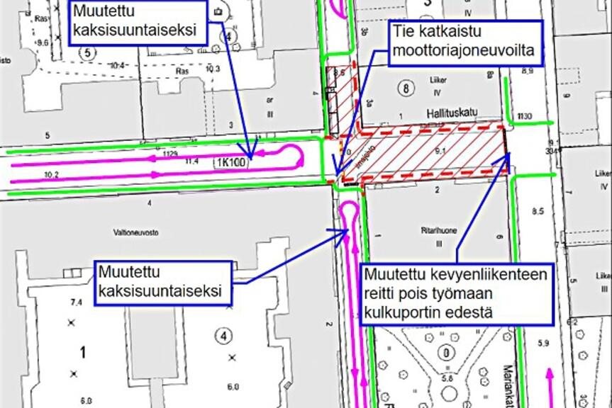 Kartta Hallituskadun suljetusta risteyksestä. 