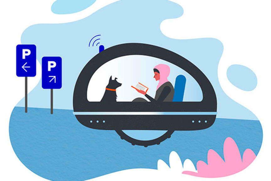 Kuvituskuva tulevaisuuden liikenne -teemasta. Nainen ja koira istuvat futuristisessa kulkuneuvossa ja nainen lukee kirjaa. Kuvituskuva tulevaisuuden liikenne -teemasta. Nainen ja koira istuvat futuristisessa kulkuneuvossa ja nainen lukee kirjaa.