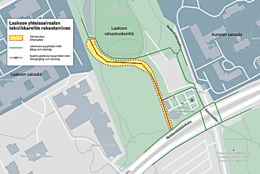 Kartta: Tekniikkareitin työmaan sijainti. Laakson yhteissairaalan allianssi / Fiander Graphics Kartta: Tekniikkareitin työmaan sijainti. Laakson yhteissairaalan allianssi / Fiander Graphics