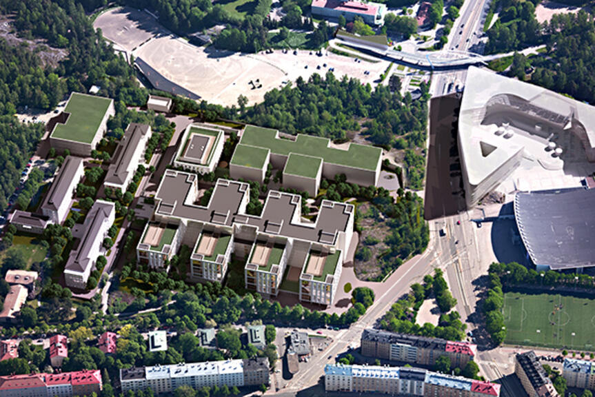 Kuva: Uusia tiloja voisi rakentaa sairaalan alueelle noin 110 000 kerrosneliömetriä maan päälle ja noin 30 000 kerrosneliömetriä maan alle. Laakson LATU. Kuva: Uusia tiloja voisi rakentaa sairaalan alueelle noin 110 000 kerrosneliömetriä maan päälle ja noin 30 000 kerrosneliömetriä maan alle. Laakson LATU.