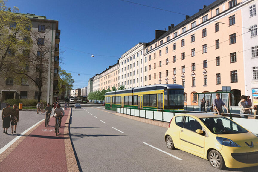 Peruskorjatulla Mannerheimintiellä jalankulku ja pyöräily kulkevat omilla väylillään. Pyöräteistä tehdään yksisuuntaiset kantakaupungin pyöräliikenteen tavoiteverkon mukaisesti. Havainnekuva: Kai Hakala / Ramboll. Peruskorjatulla Mannerheimintiellä jalankulku ja pyöräily kulkevat omilla väylillään. Pyöräteistä tehdään yksisuuntaiset kantakaupungin pyöräliikenteen tavoiteverkon mukaisesti. Havainnekuva: Kai Hakala / Ramboll.