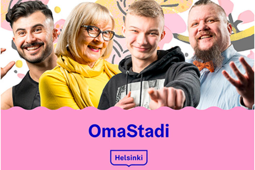 OmaStadin tunnuskuva. Neljä henkilöä kannustaa äänestämään. OmaStadin tunnuskuva. Neljä henkilöä kannustaa äänestämään.