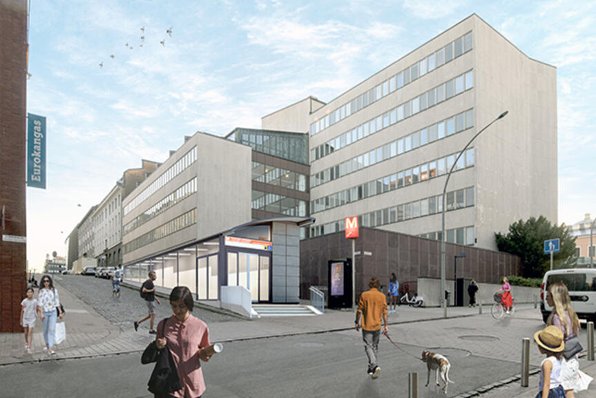 Havainnekuvassa ihmisiä kulkee remontoidun opintoputken edustalla. Havainnekuvassa ihmisiä kulkee remontoidun opintoputken edustalla.