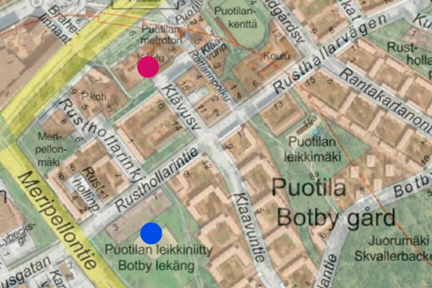 Kartalla Puotilan ala-asteen sijainti punaisella ja Puotilan leikkiniitty sinisillä palloilla merkittynä. Helsingin kaupunki. Kartalla Puotilan ala-asteen sijainti punaisella ja Puotilan leikkiniitty sinisillä palloilla merkittynä. Helsingin kaupunki.
