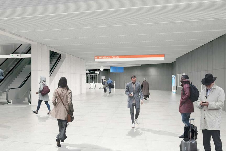Sörnäisten metroaseman lippuhalli remontin jälkeen. Havainnekuva.
