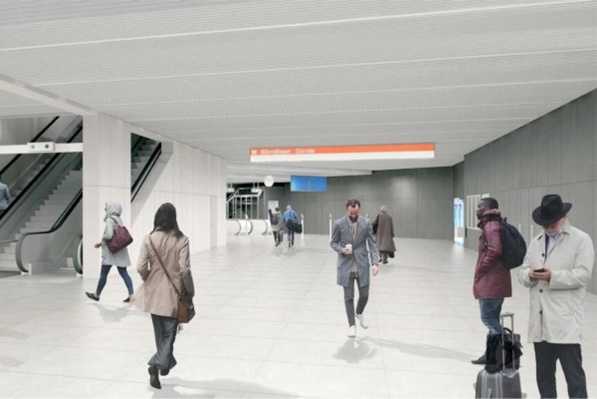 Havainnekuva Sörnäisten metroaseman lippuhallista / HMT Arkkitehdit Oy