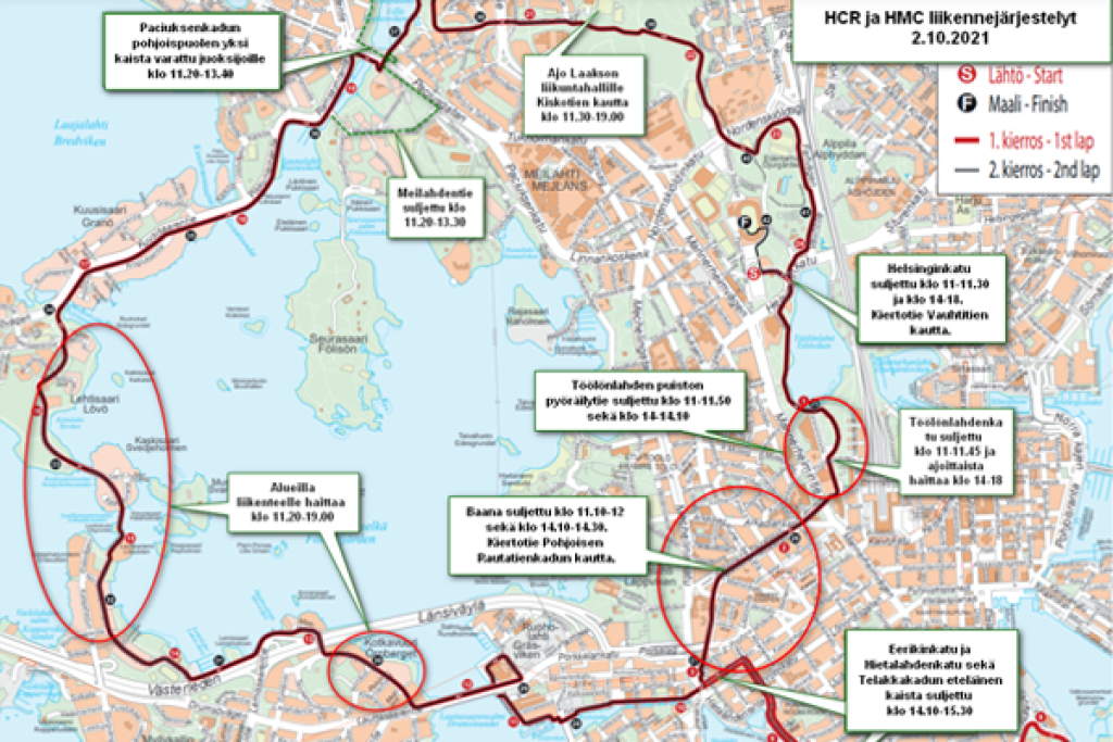 Helsinki City Running Dayn liikennejärjestelyt lauantaina 2.10.2021.