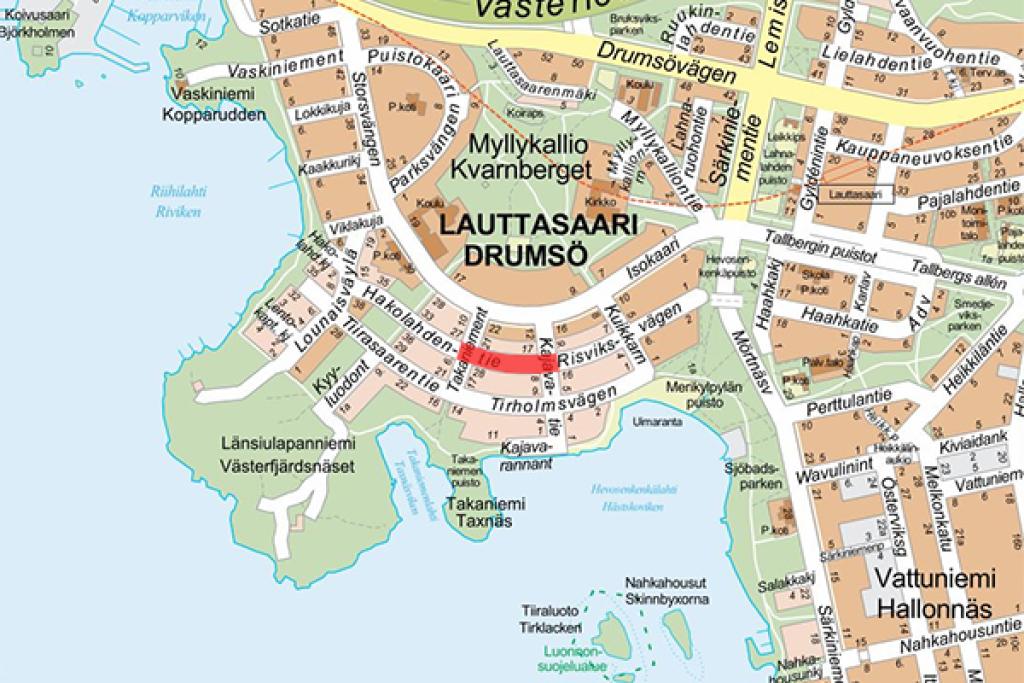 Karttakuva, johon on merkitty Takaniementien ja Kajavatien välinen alue Hakolahdentiestä.