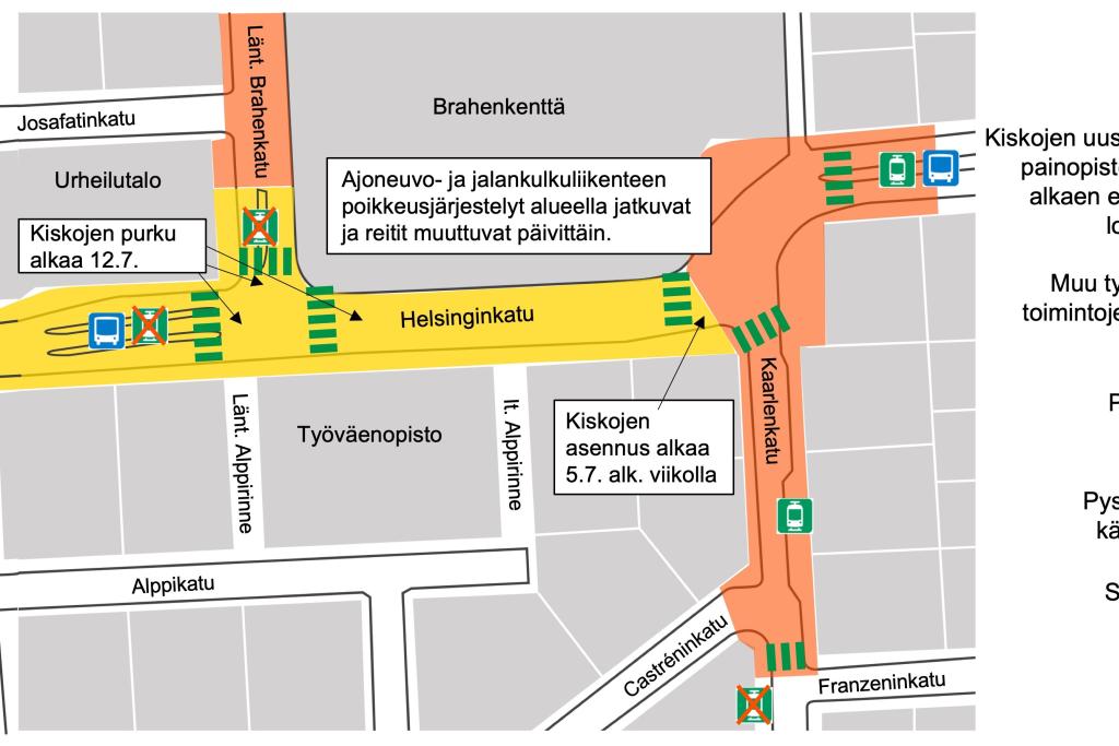 Kartta Helsingikadun työmaa-alueesta.