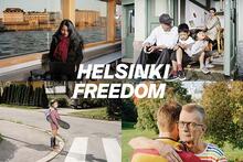 Helsinki-Freedom neljä kampanjaosiossa ihmisiä kaupungissa.
