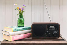 Pöydällä radio, kirjoja ja kukkamaljakko.