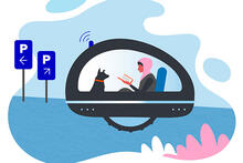 Kuvituskuva tulevaisuuden liikenne -teemasta. Nainen ja koira istuvat futuristisessa kulkuneuvossa ja nainen lukee kirjaa.
