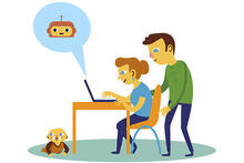 Lapsiperheen vanhemmat tietokoneella.