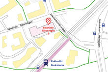 Suuntaa antava kartta, johon on merkitty Pukinmäen terveysasemapalvelujen toimipisteen sijainti osoitteessa Säterintie 2.