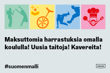 Kuvituskuva. Harrastamisen Suomen mallin maksuttomista harrastuksista kertova grafiikka.