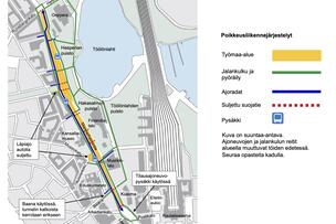 Kartta Mannerheimintien työmaan ensimmäisen vaiheen reiteistä maaliskuussa 2023.