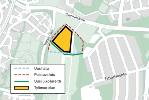 Kartta työalueesta ja ulkoilureiteistä kentän pohjoisosassa.