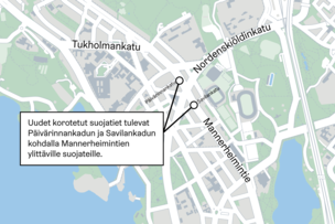Uudet korotetut suojatiet rakennetaan osana Mannerheimintien peruskorjausta. Kartta sijainneista.