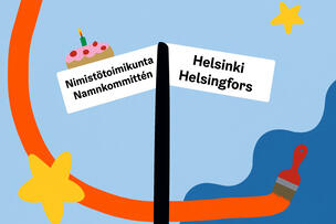 Värikäs kuvitus, jossa tienviitta teksteillä Nimistötoimikunta ja Helsinki.