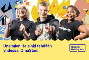 Kolme ihmistä värikästä taustaa vasten