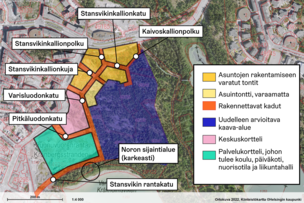 Noro eli pieni virtavesi tai uoma sijaitsee lähellä rantaa katu-urakka-alueen eteläosassa. 