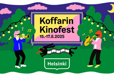 Kuvituskuvassa lukee Koffarin Kinofest, 15.-17.8.2025. Kuvassa kaksi muusikkoa soittaa ja koira hyppää. 