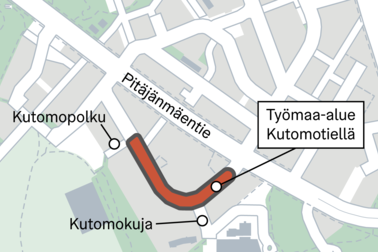 Kartta työmaa-alueesta Kutomotiellä.