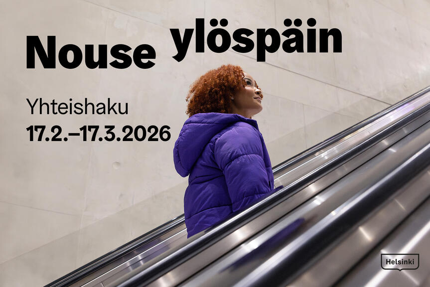 Yhteishaun kampanjakuva, jossa henkilö nousee liukuportaita ylöspäin.