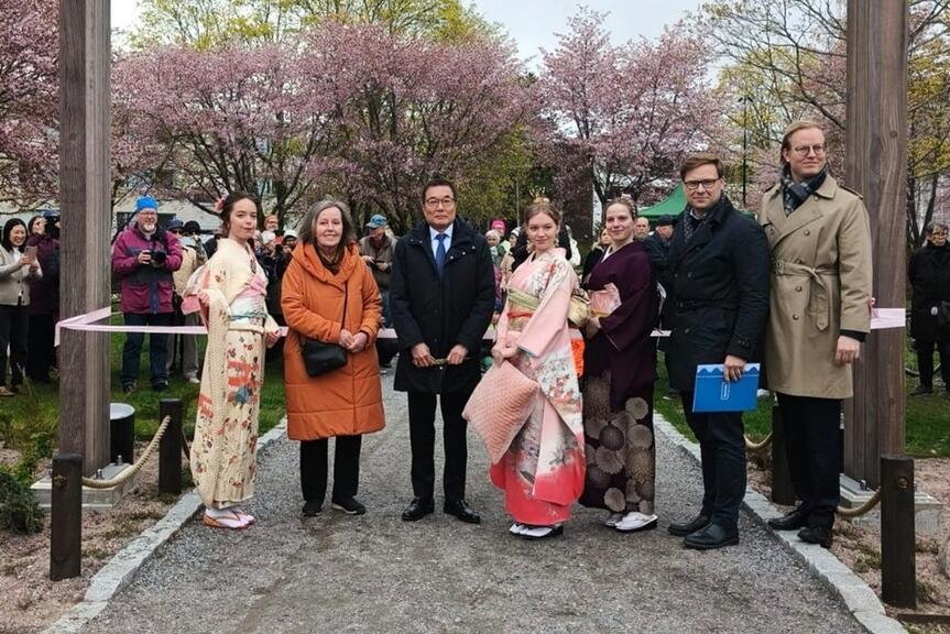 Kuvassa vasemmalta oikealle: Kirsikankukkakuningatar Venla Ailasmäki (2017), OmaStadi-ehdotuksen tehnyt Kaarina Kukka Korkeaoja, Japanin Suomen-suurlähettiläs Takashi Okada, kirsikankukkakuningattaret Julia Lehtinen (2024) ja Elina Vanhatalo (2023), apulaispormestari Daniel Sazonov sekä Oulunkylä-seuran puheenjohtaja Toni Pakarinen