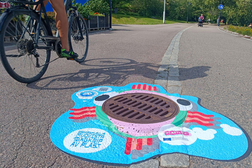 Kalatarra hulevesikaivon kannen ympärillä.