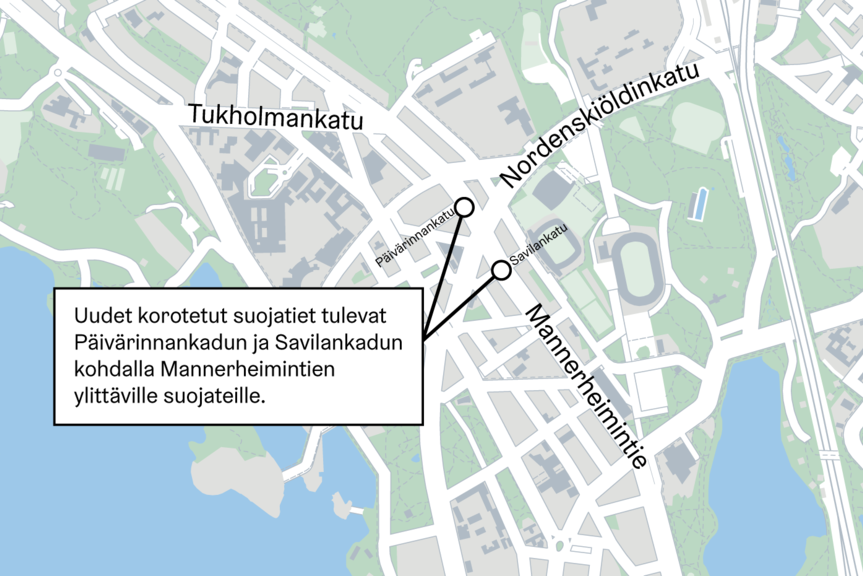 Uudet korotetut suojatiet rakennetaan osana Mannerheimintien peruskorjausta. Kartta sijainneista.
