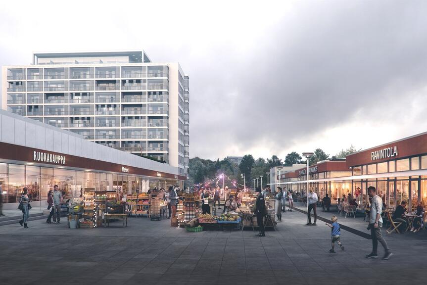 Vy över Munkshöjdens köpcentrum från torgets riktning.