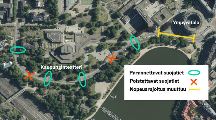 Kartalle on merkitty parannettavat suojatiet, poistettavat suojatiet ja alue, jossa nopeusrajoitus muuttuu