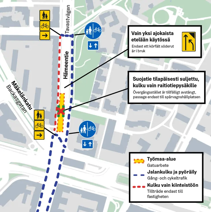 Kartta Hämeentien kaukolämpötöistä
