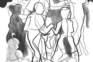 Mustavalkoisessa kuvassa lapsi ihmettelee tanssivia ihmishahmoja