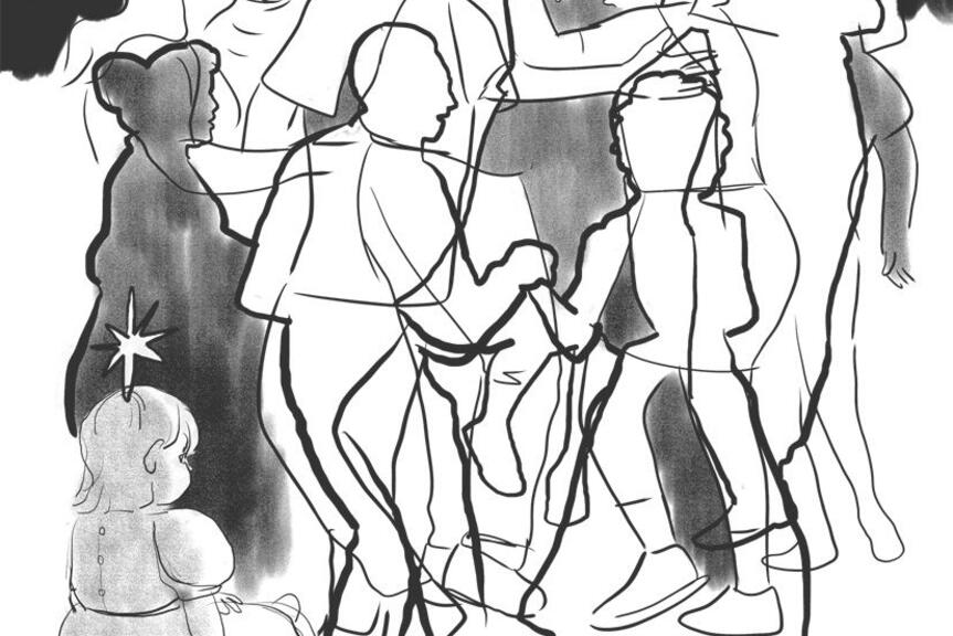 Mustavalkoisessa kuvassa lapsi ihmettelee tanssivia ihmishahmoja