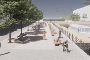 Havainnekuva John Stenbergin rannasta Hakaniemen torin suuntaan peruskorjauksen jälkeen. 