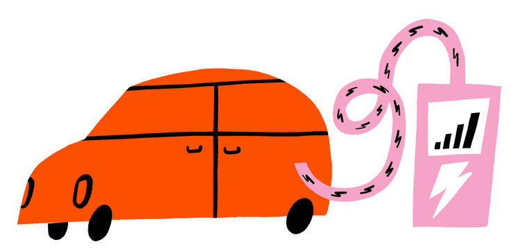 Piirroskuvassa sähköauto latauksessa.
