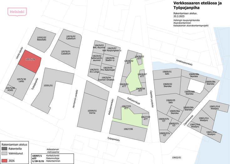 Verkkosaaren eteläosan ja Työpajanpihan rakentamisen aikataulukartta