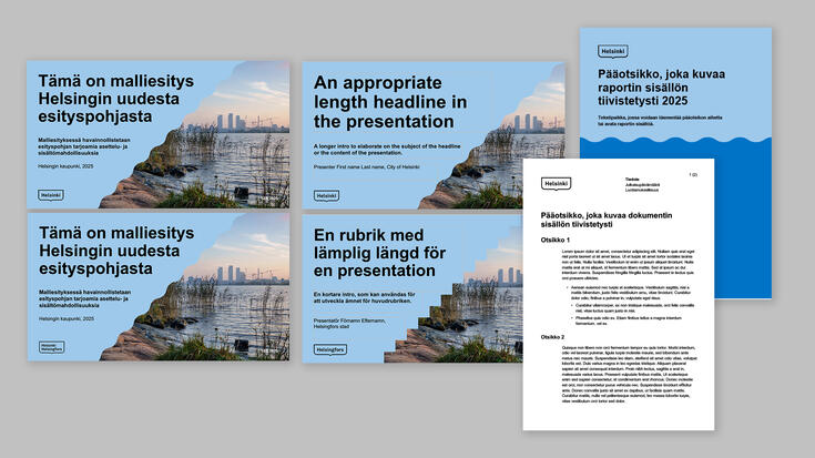 Kuvakollaasi Powerpoint ja Word pohjien kansilehdistä.