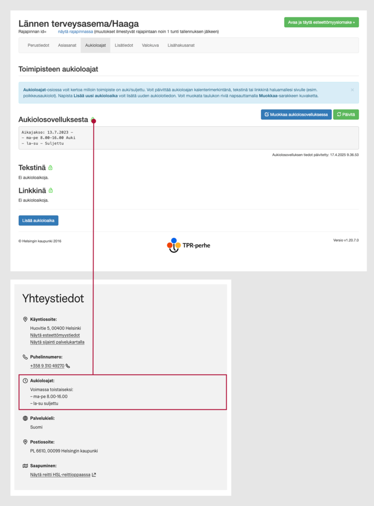 Kuvakaappaus toimipisteen aukioloajoista.