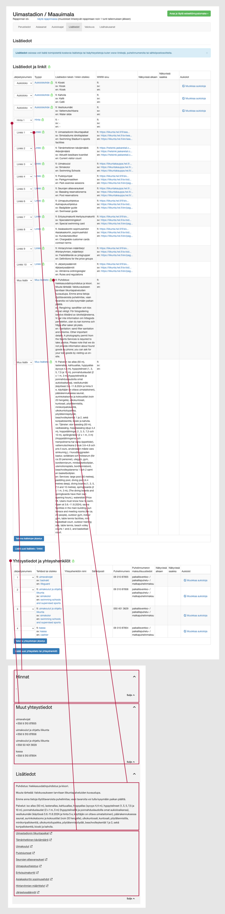 Kuvakaappaus toimipisteen muista tiedoista.
