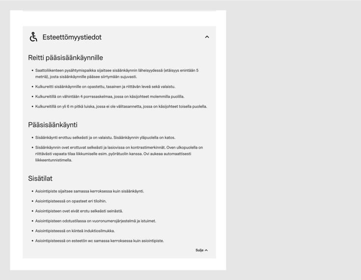 Kuvakaappaus toimipisteen esteettömyystiedoista.