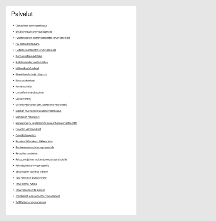 Kuvakaappaus toimipisteen palvelulistauksesta.