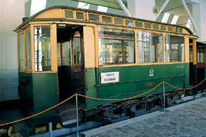 Kummer tram on display at the Helsinki Tram Museum.