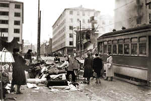 Tram in the midst of wartime devastation.