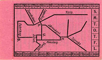 Matkalippu 1911-12, jossa raitiovaunun reittikartta. HKM