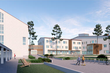 Havainnekuva monitoimitalosta perusparannuksen jälkeen.