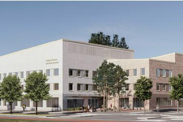 Havainnekuva koulu- ja päiväkotirakennuksesta.